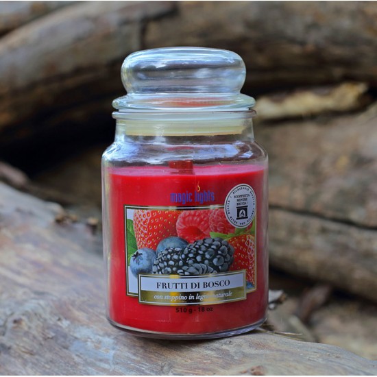 Magic Lights Red Fruits aromātiskā svece ar koka degli burciņā 510g