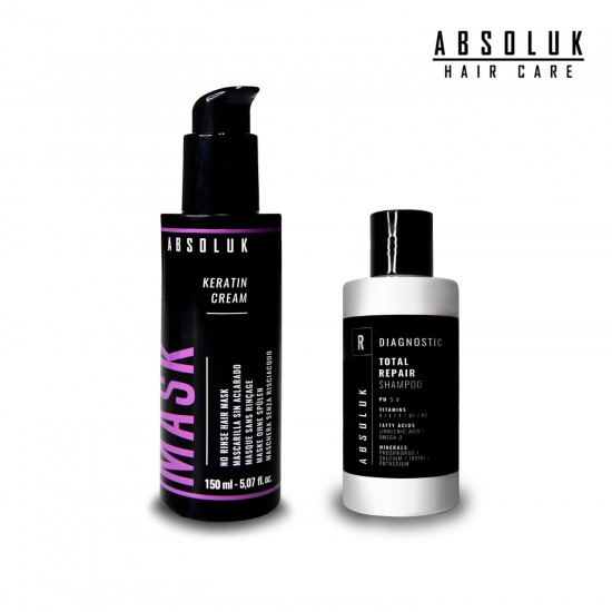 Absoluk Keratin Cream Mask no rinse hair mask 150ml + Absoluk Diagnostic Total Repair Shampoo 100ml