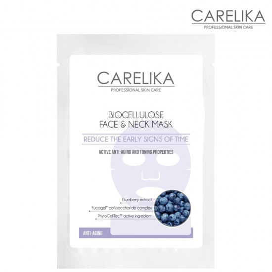 Carelika Biocellulose Face & Neck Mask Anti-Aging biocelulozes sejas un kakla maska pretnovesošanās melleņu 18ml