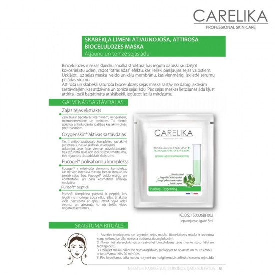 Carelika Biocellulose Face Mask Purifying-Oxygenating biocelulozes sejas maska attīroša zaļās tējas ekstraktu 8ml