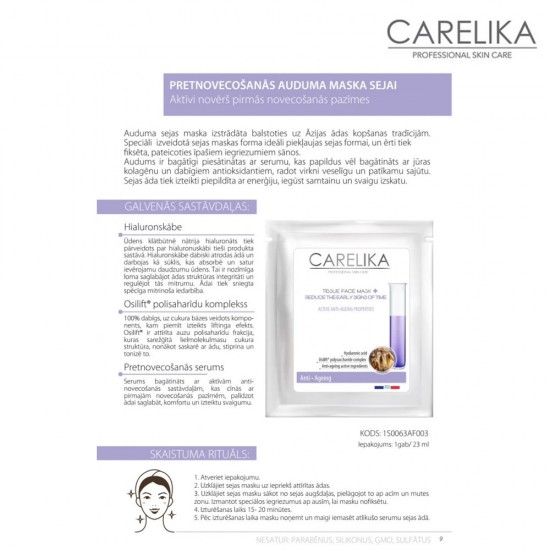 Carelika Tissue Face Mask Anti-Aging auduma sejas maska pretnovecošanās ar hialuronskābi 23ml